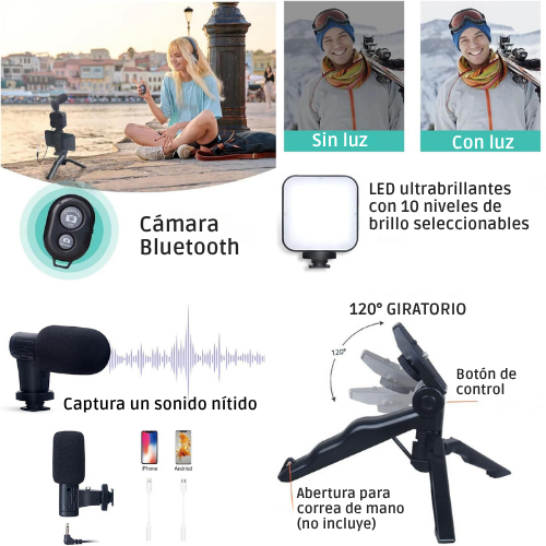 KIT DE GRABACION CON MICROFONO LINTERNA LED SOPORTE TRIPODE