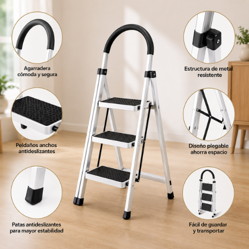 ESCALERA PLEGABLE DE 3 PELDAÑOS ANTIDESLIZANTE